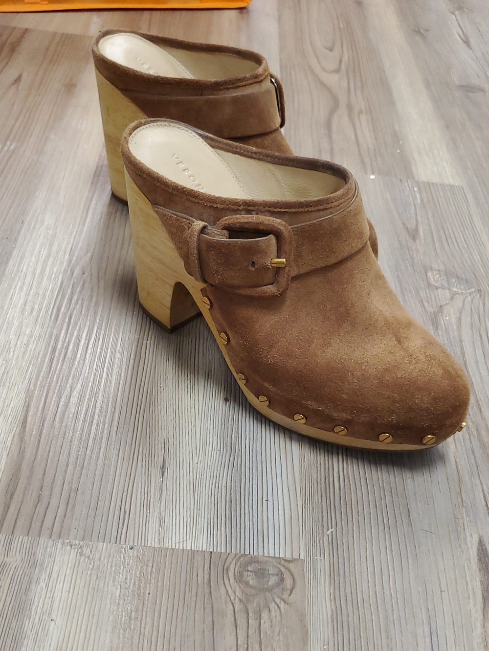 Veronica Beard Dacey Pecan Suede Studded Clogs with Buckle Size 6.5  4" Heel